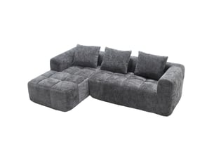 Canapé d'angle réversible 3 places en tissu gris avec méridienne, poches latérales et 3 coussins confortables