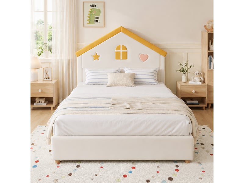 Lit enfant 140 × 200 cm avec 4 tiroirs, tête de lit cabane rembourrée en velours beige pour chambre d'enfant - Conforama D