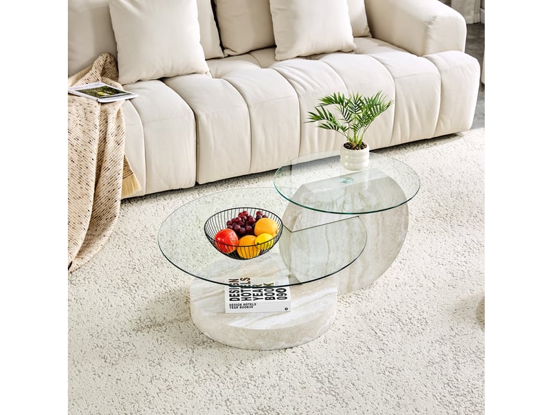  Table basse moderne 90x70x44 cm à deux niveaux en verre de sécurité et mdf gris clair  - Conforama C