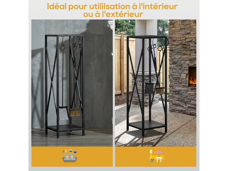  Serviteur de cheminée avec range-bûches, colonne en métal noir, 34 x 34 x 111 cm  - Conforama W