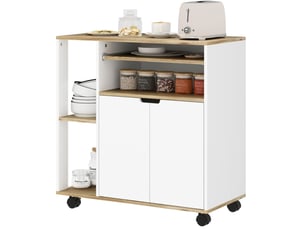 Desserte de cuisine 80 x 40 x 82 cm blanc et bois, 4 roulettes avec freins et rangements modulables
