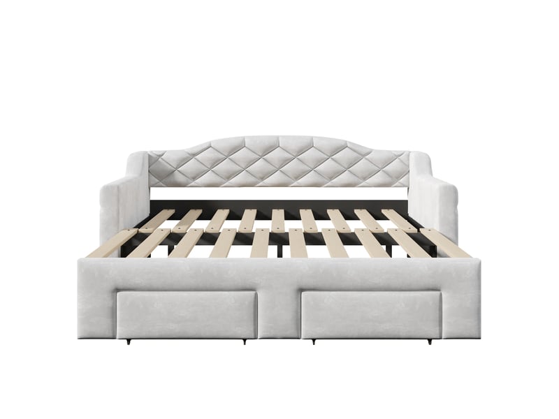  Lit gigogne 90x200 cm extensible 180x200, led, 2 tiroirs, lit enfant velours gris, sans matelas  - Conforama R