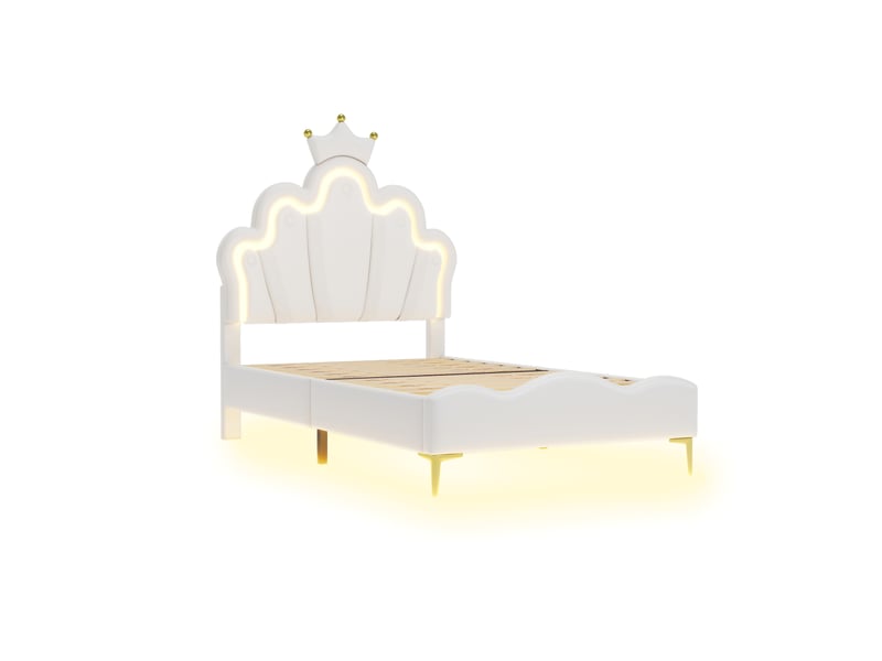  Lit enfant en similicuir blanc, lit simple 90x200 cm avec couronne, nuages et éclairage led, sans matelas  - Conforama E
