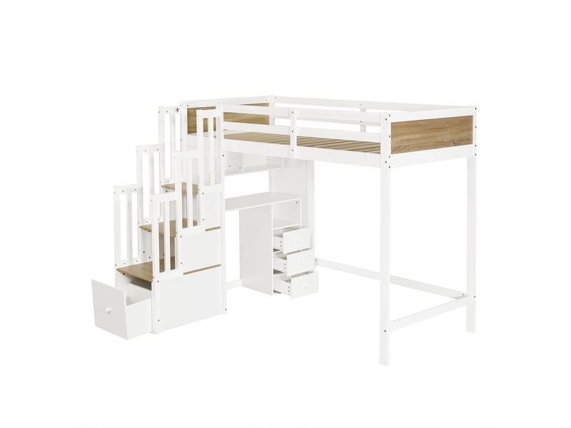 Lit mezzanine enfant 90x200 cm avec bureau et rangements, blanc et bois naturel, sans matelas - Conforama E