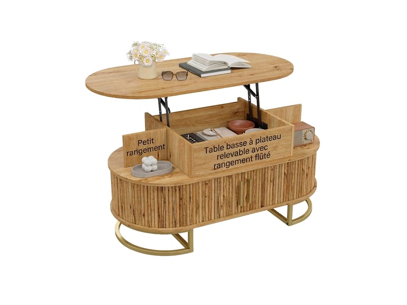 Table basse relevable ovale en mdf naturel avec rangement caché et portes coulissantes - Conforama A