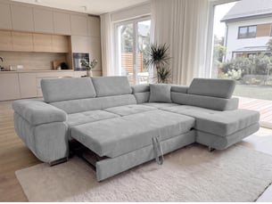 Canapé d'angle droit convertible <strong>AX LIVING </strong> <strong>Konak</strong> 4 places Velours côtelé gris avec coffre de rangement