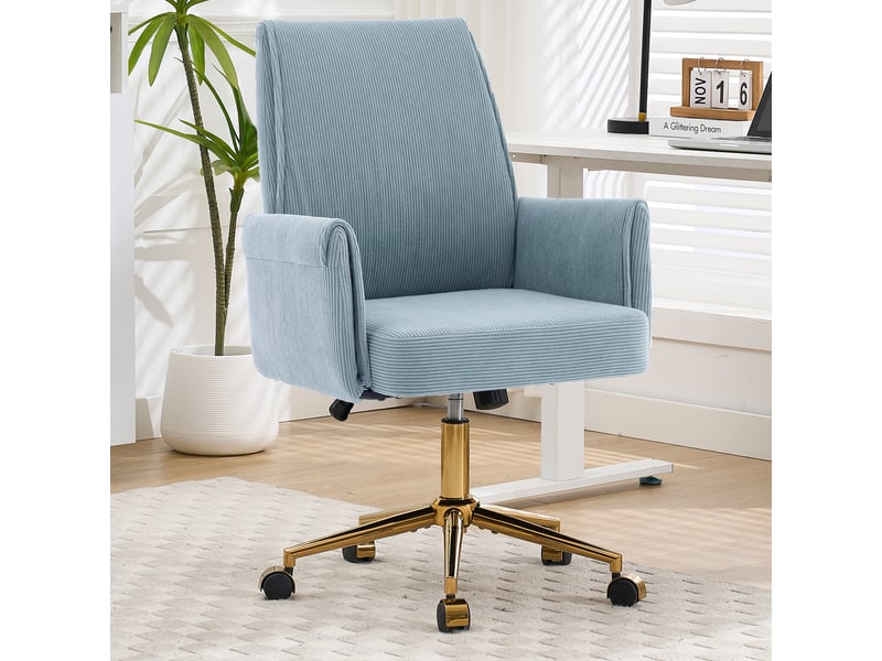  Fauteuil de bureau bleu en velours côtelé, dossier mi-haut et hauteur réglable  - Conforama C