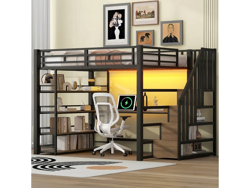  Lit mezzanine 140x200 avec bureau et escalier de rangement, métal noir  - Conforama C