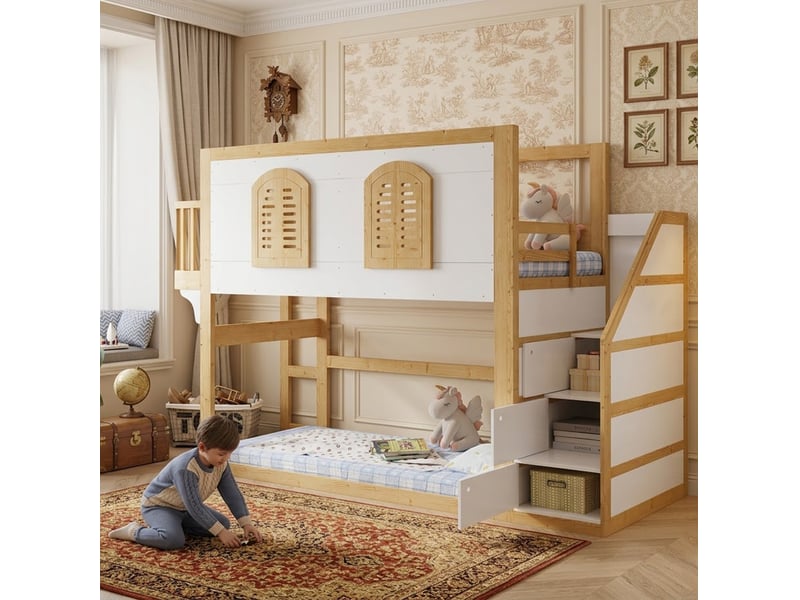  Modenvie lit mezzanine enfant 90x200 cm - avec escalier de rangement, espace de jeu - sans matelas - bicolore  - Conforama D