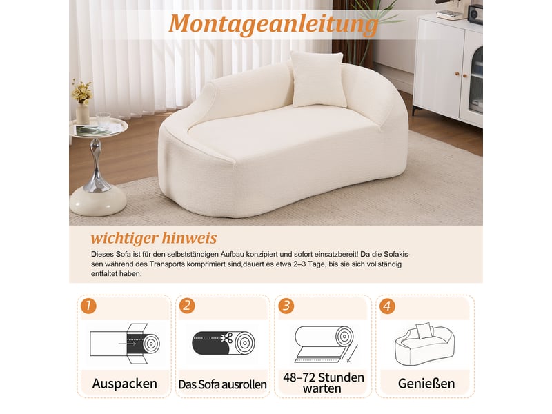  Canapé 2 places crème - canapé méridienne incurvé en chenille convertible 3-en-1 avec coussin  - Conforama D