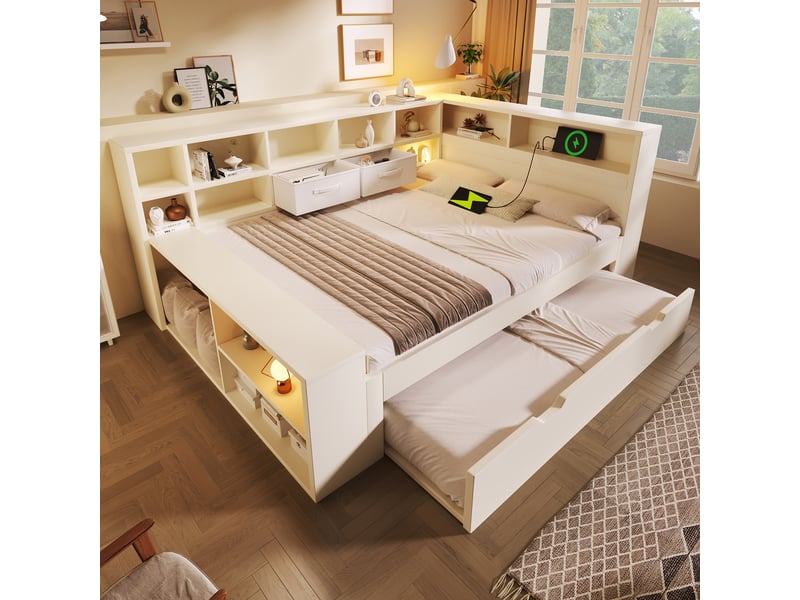  Lit double avec rangement 140x190 et lit gigogne 90x190 - bois blanc, ports usb, 8 casiers  - Conforama W