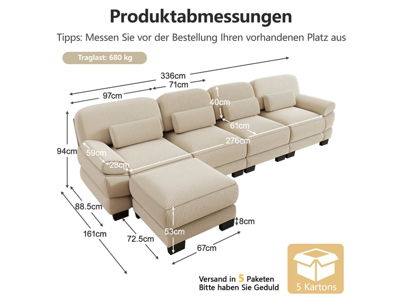 Canapé modulable angle l 4 places 336x161x94 cm, avec pouf, assise profonde, cadre robuste, velours côtelé beige - Conforama C
