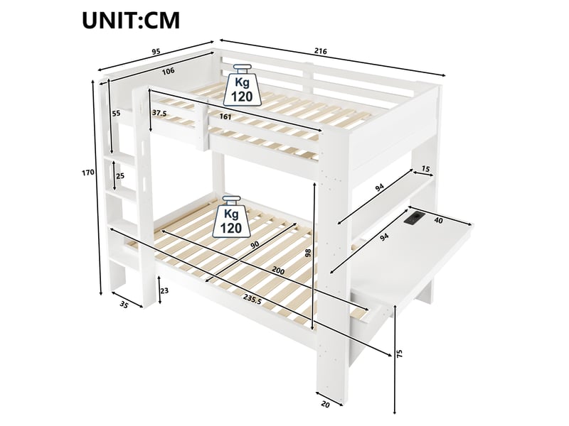 Lit superposé 90 x 200 cm en pin avec bureau, prise électrique et bande led, structure gain de place pour chambre enfant ou ado, blanc, sans matelas, design moderne OPULERANE TRADING LTD - Conforama C