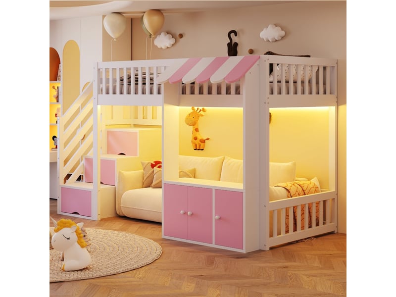 Lit superposé 90 x 200 cm armoire intégrée escalier de rangement éclairage led multicolore design toit en bois rose - Conforama B