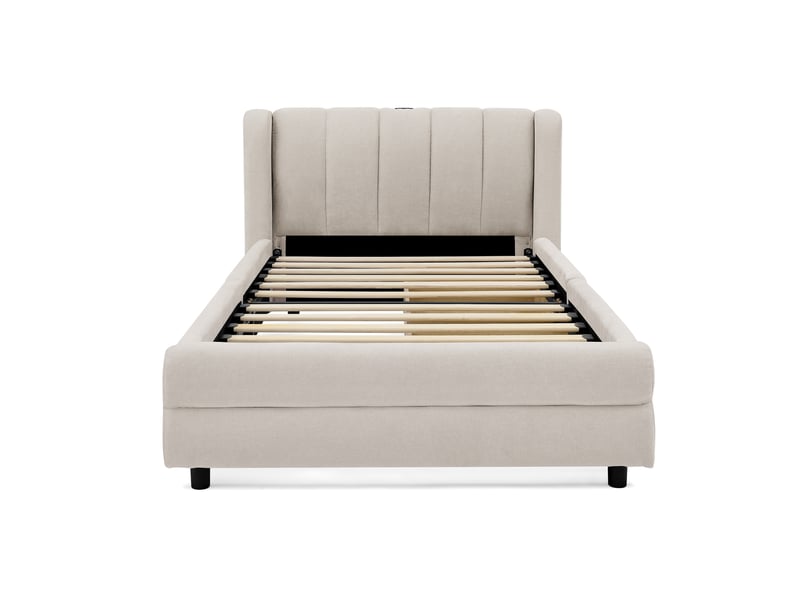  Lit simple pour enfant, avec rangement latéral, prise usb et revêtement en chenille douce, couleur beige - 90 x 200 cm  - Conforama A