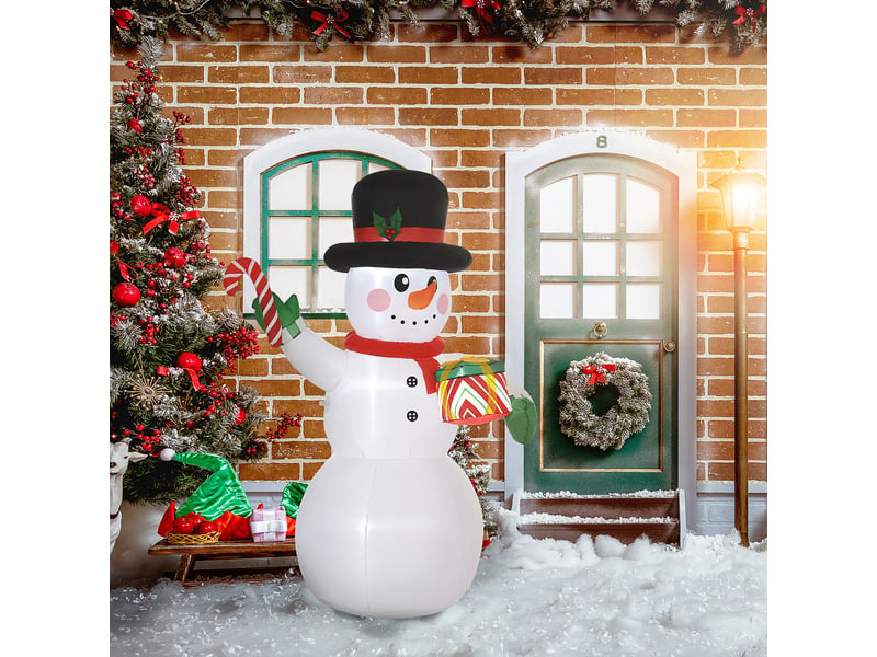  Bonhomme de neige de 1,80 m avec canne de noël et cadeau, autogonflant, led, résistant aux intempéries  - Conforama C