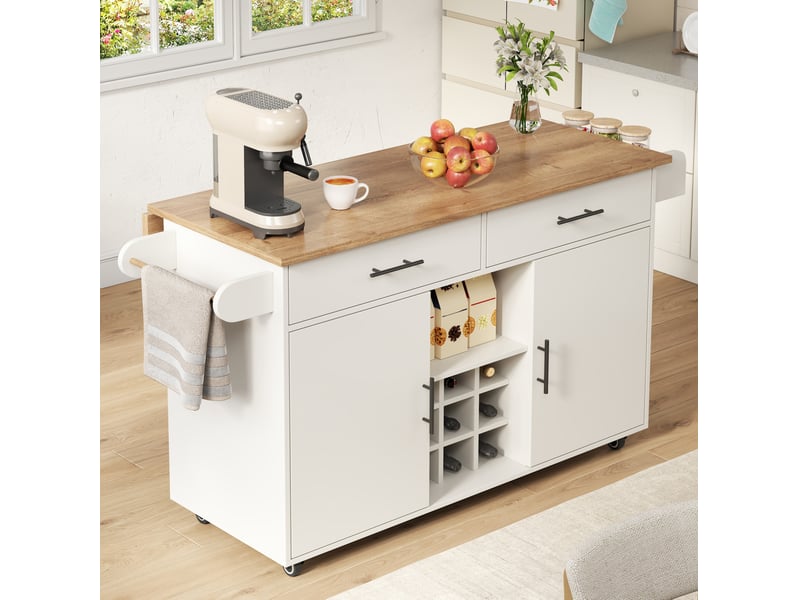  Îlot de cuisine mobile à plateau rabattable - desserte 2 portes 2 tiroirs 120x45x84 cm blanc  - Conforama W