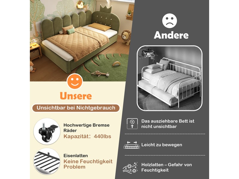  Lit gigogne 90x200 cm - lit 2 personnes avec lit tiroir 90x190 cm - velours - design couronne - vert  - Conforama R