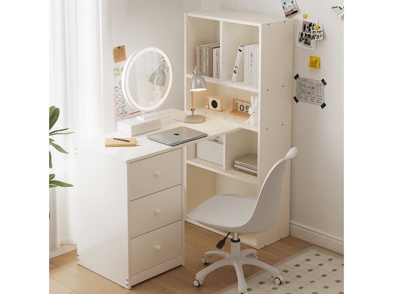  Bureau d'angle multifonction 117 × 63 × 135 cm blanc avec 4 compartiments, 3 tiroirs et bibliothèque intégrée  - Conforama C