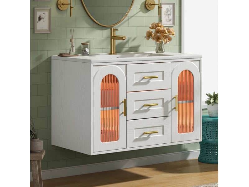  Meuble sous vasque mural 76x46x55 cm avec vasque et led blanc effet bois  - Conforama D