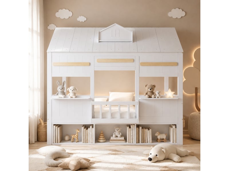  Lit mezzanine enfant blanc avec étagère à livres, 90 x 200 cm  - Conforama B