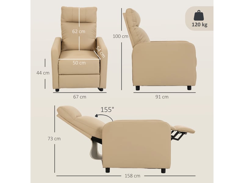  Fauteuil relax inclinable, fauteuil de relaxation en pu avec repose-pieds, beige, dossier réglable par poussée  - Conforama C