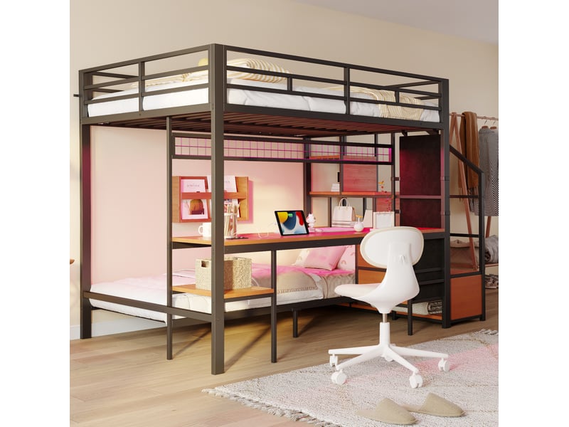 Lit mezzanine 247x144,5x170 cm avec bureau, led et rangements noir  - Conforama E