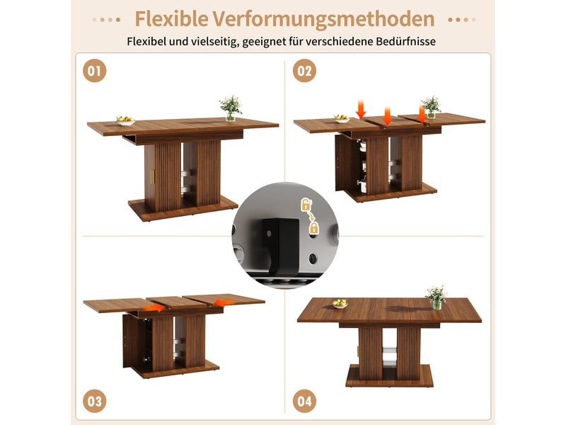  Table à manger extensible 120-160x80 cm pour 4 à 6 personnes, rangement des deux côtés avec étagères, double piètement rainuré, brun foncé  - Conforama E