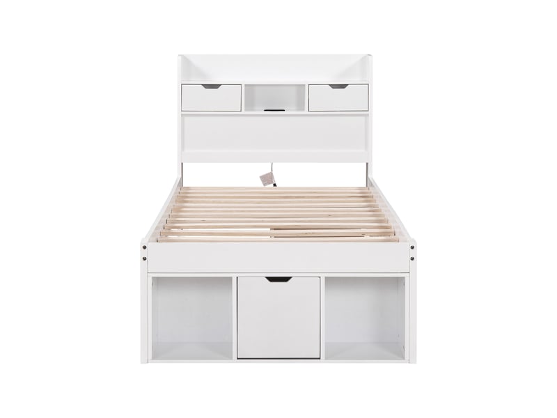  Lit simple, 90 x 200 cm, avec port usb, tiroirs et armoire de rangement, lit enfant, lit adolescent, lit multifonctionnel, grand espace de rangement, sans matelas, blanc  - Conforama D
