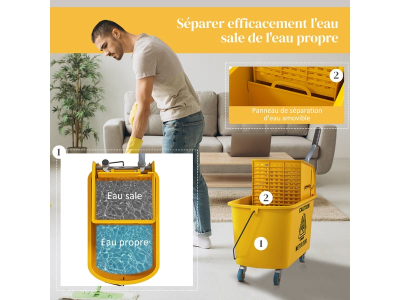 Chariot de ménage chariot de lavage essoreuse latérale seau 20 l, poignée et serpillère, jaune, 45 x 26,5 x 70 cm  - Conforama E