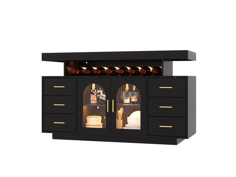 Buffet bas avec led rgb, 6 tiroirs et 2 portes vitrées 140x40x76 cm noir - Conforama A