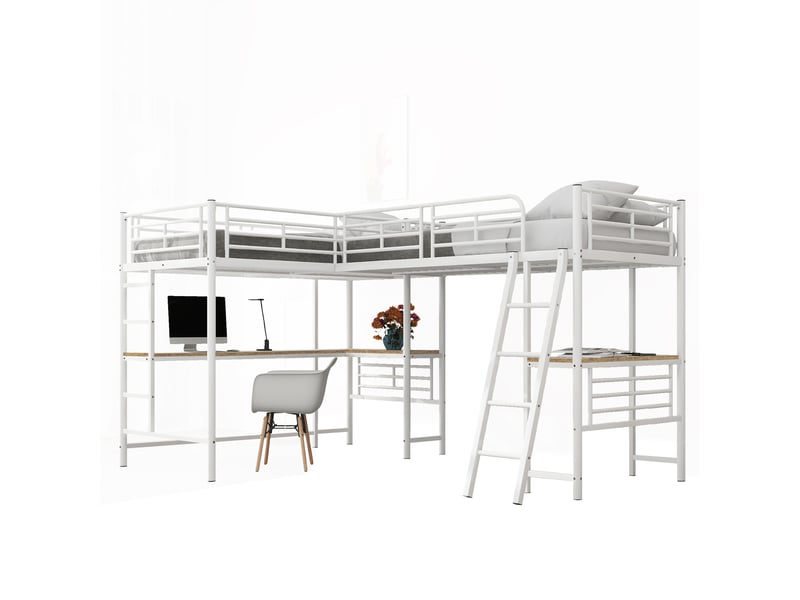 Lit mezzanine enfant 90×200 cm avec bureau dessous et escalier double - sans matelas, métal et mdf - blanc - Conforama A