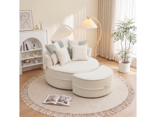 Fauteuil 1 place - 121x163x66 cm - fauteuil rond lounge xxl en tissu chenille avec 5 coussins et repose-pieds - beige
