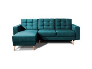 Canapé d'angle convertible hasgard 3 places vert foncé 248x162 cm – coffre et pieds bois
