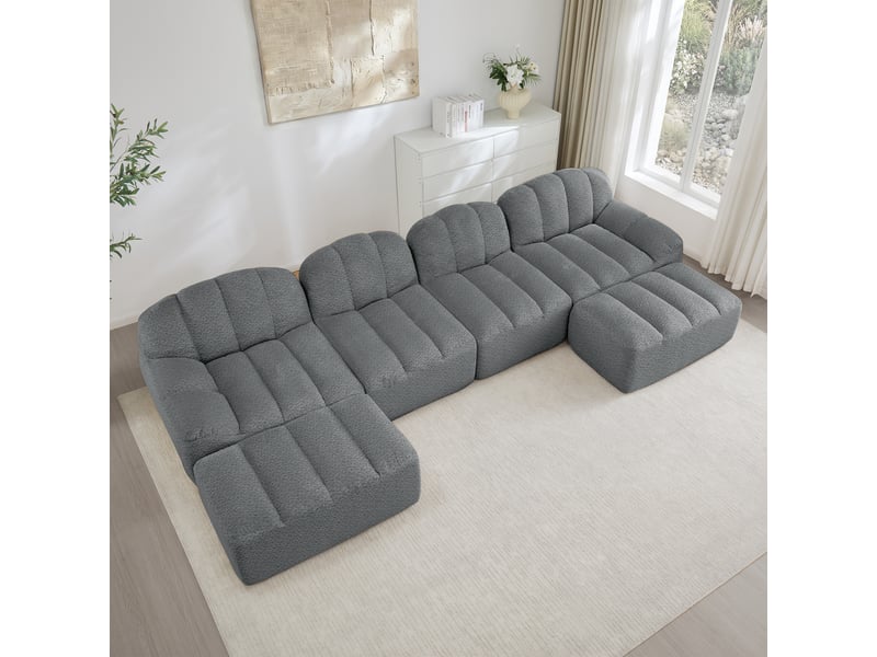 Canapé panoramique coquille 4 places, 2 poufs gris – 366 x 165 x 79 cm Fay Lum - Conforama D