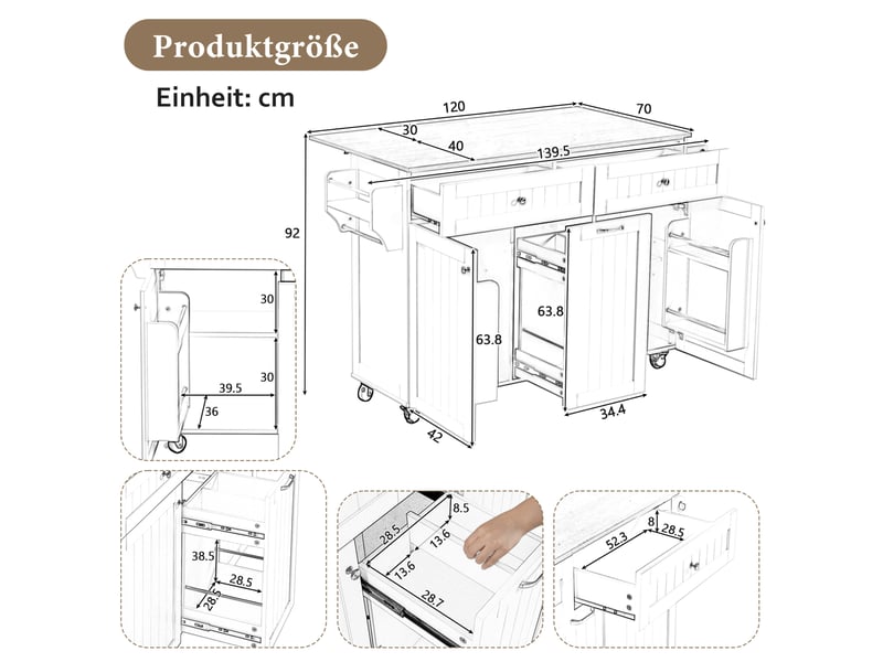 Îlot cuisine mobile 139,5x40-70x92 cm roulettes frein, plateau extensible, tiroirs à 2 niveaux, en mdf, noir+naturel - Conforama C