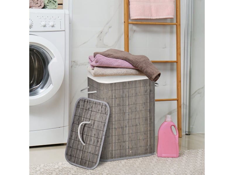Panier à linge étroit en bambou gris 83l avec couvercle, poignées et sac amovible - Conforama B