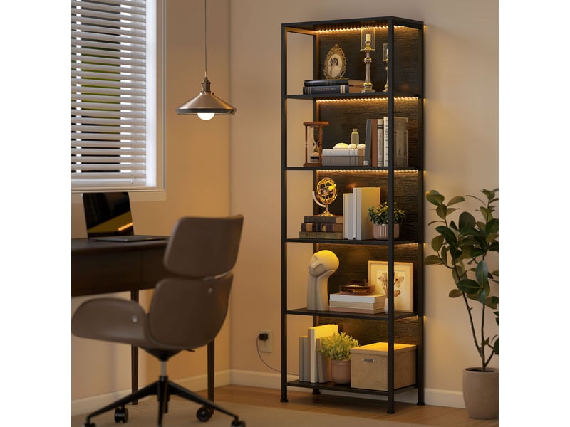 Bibliothèque à 5 niveaux avec éclairage led 7 couleurs, style industriel, 60 x 30 x 179 cm, noire - Conforama D