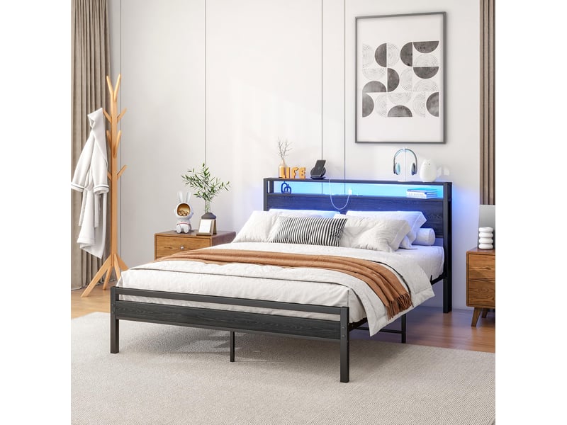  Lit coffre, lit double 140x200 cm, tête de lit avec rangement, led, usb, métal et bois noir  - Conforama C