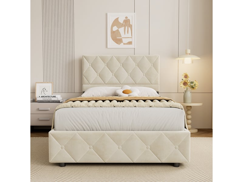  Lit coffre 90x200 cm velours beige, tête de lit capitonnée, ouverture hydraulique, sommier à lattes inclus  - Conforama D