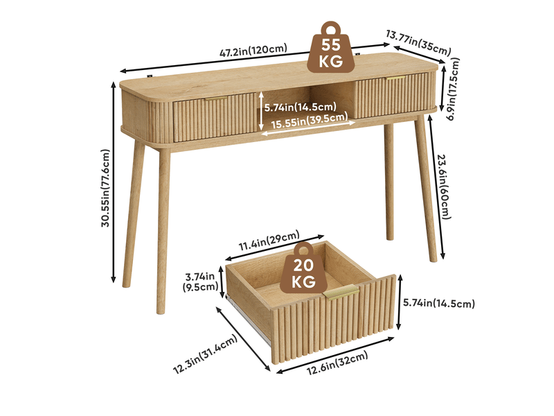  Console vintage 120x35x77,6 cm effet chêne avec 2 tiroirs et niche ouverte  - Conforama C