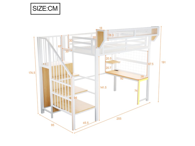  Lit mezzanine,90x200 cm,avec bureau, rangements et led,métal,blanc  - Conforama C
