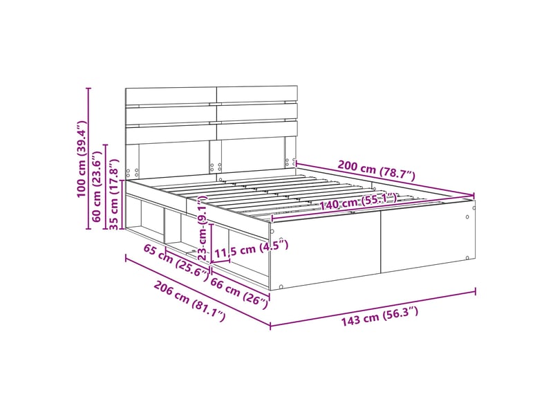 Lit adulte ; lit double ; cadre de lit avec tête de lit sonoma 140x200 cm pin massif  - Conforama C