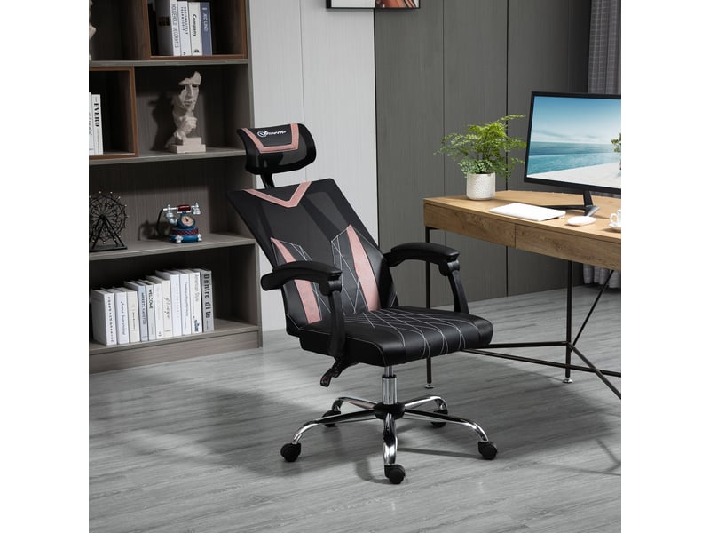  Chaise de bureau ergonomique en maille, avec roulettes, soutien lombaire et cervical, hauteur réglable et inclinable, 58 x 62,5 x 112-120 cm, rose  - Conforama D