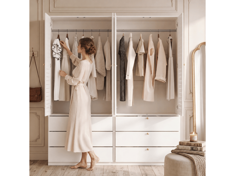 Armoire 4 portes persiennes blanche 180x50x200 cm avec 2 penderies et 6 tiroirs  - Conforama W