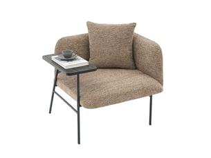 Fauteuil d'appoint en tissu chenille beige avec tablette latérale intégrée, poches de rangement et structure métal