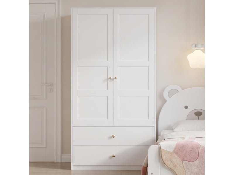  Armoire 100 x 48 x 180 cm avec 2 portes, 2 tiroirs et penderie, meuble de rangement moderne et fonctionnel pour chambre ou dressing - finition blanche OPULERANE TRADING LTD - Conforama B