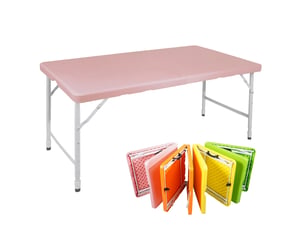 Table pliante portable rose 125 x 61 cm à hauteur réglable, avec poignée, pour jardin et pique-nique