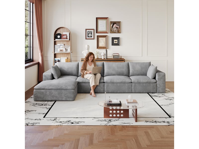  Canapé d’angle modulable,340x160x82 cm,5 places,velours côtelé,gris  - Conforama B