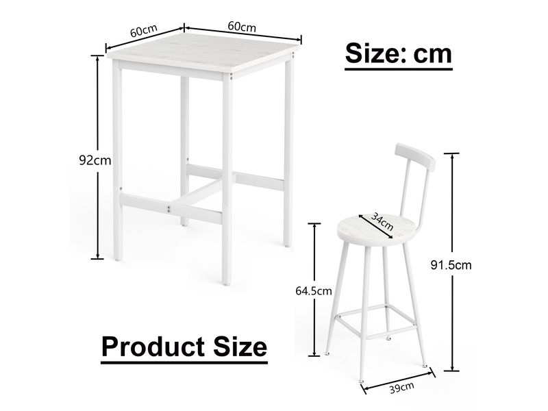  Ensemble table de bar 60x92 cm avec 2 tabourets, style industriel, pour salle à manger, salon, métal, aggloméré, blanc  - Conforama C